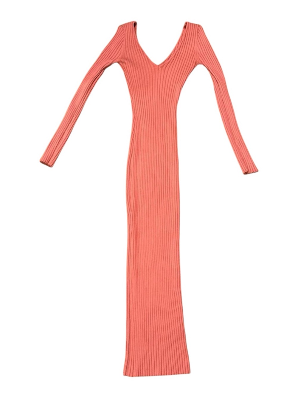 Hera Collection Coral Ribbed V‑Neck Long Sleeve Bodycon Dress